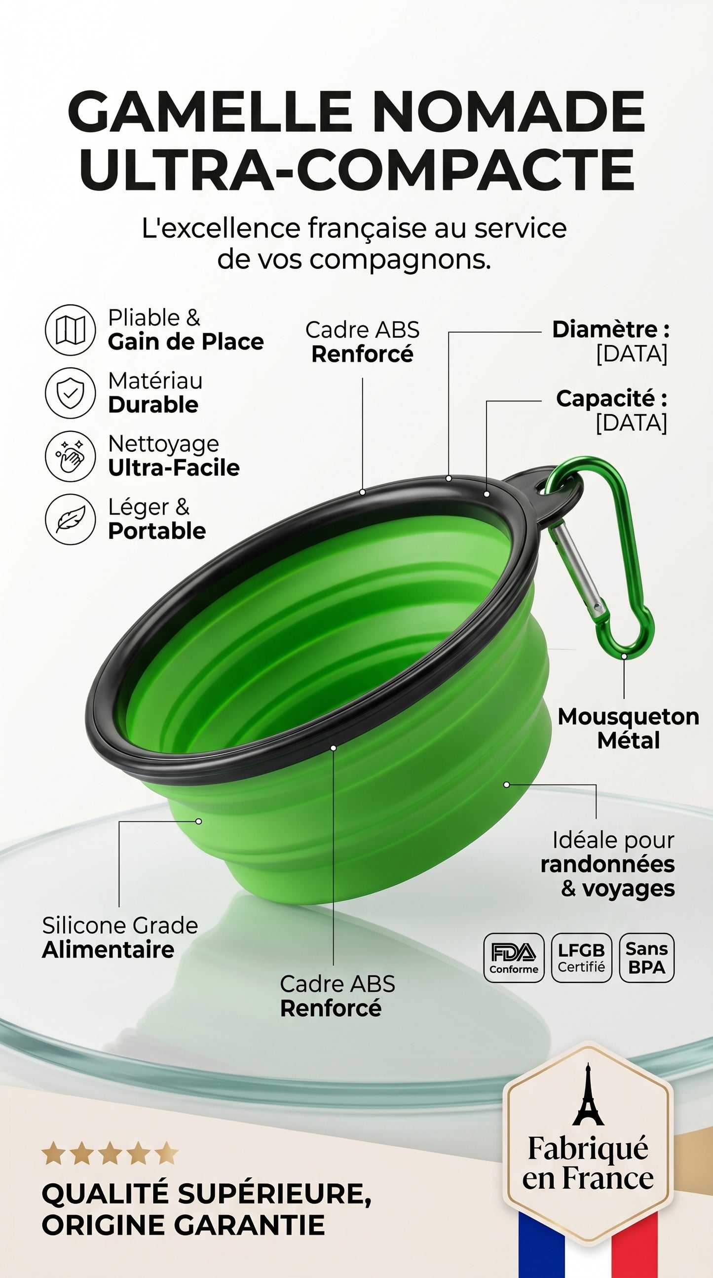 Bol Pliable Silicone Chien Chat – Gamelle Portable avec Mousqueton