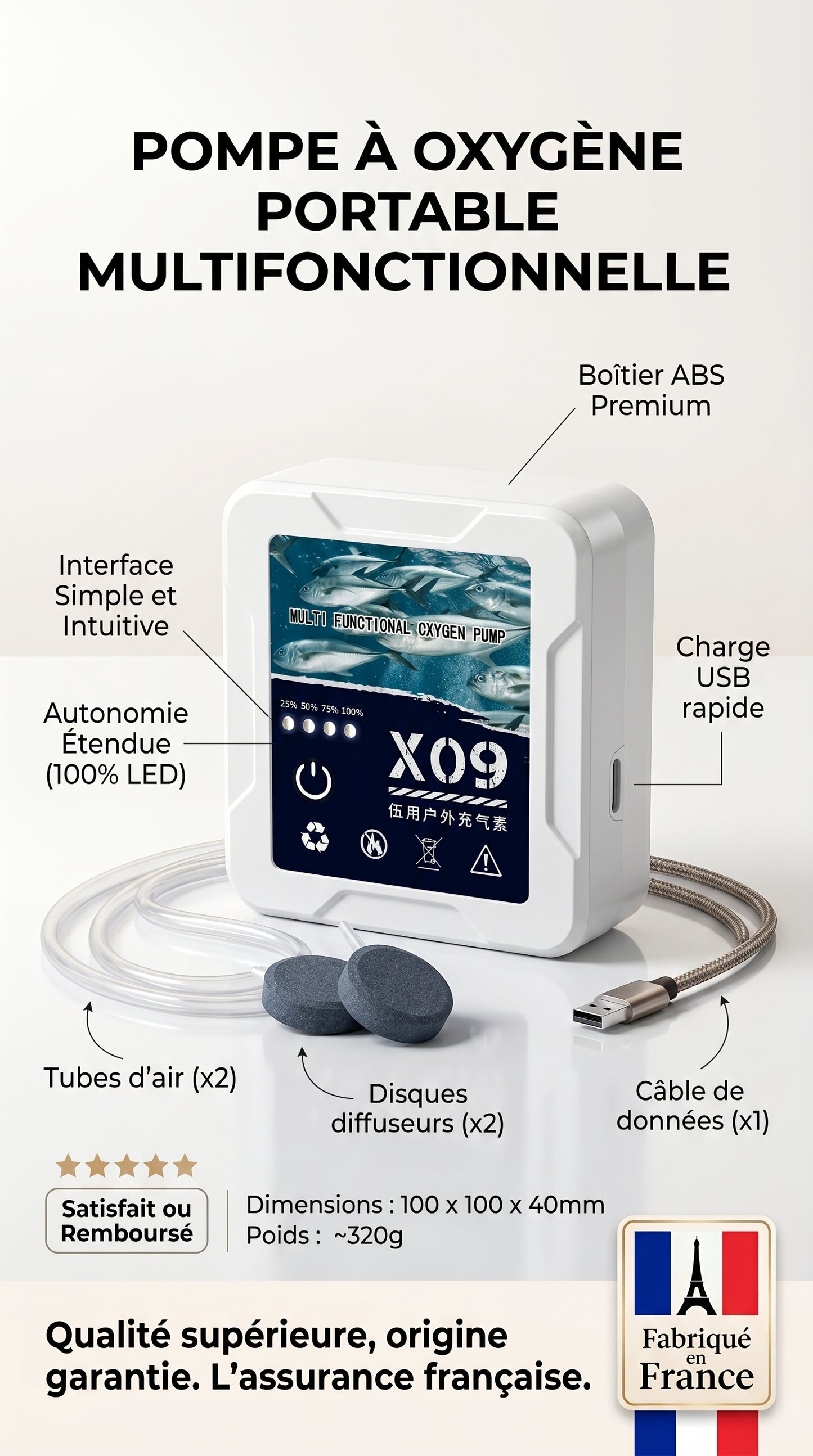 Pompe à Air pour Aquarium & Pêche — Portable USB, Batterie Lithium 2400mAh, Silencieuse