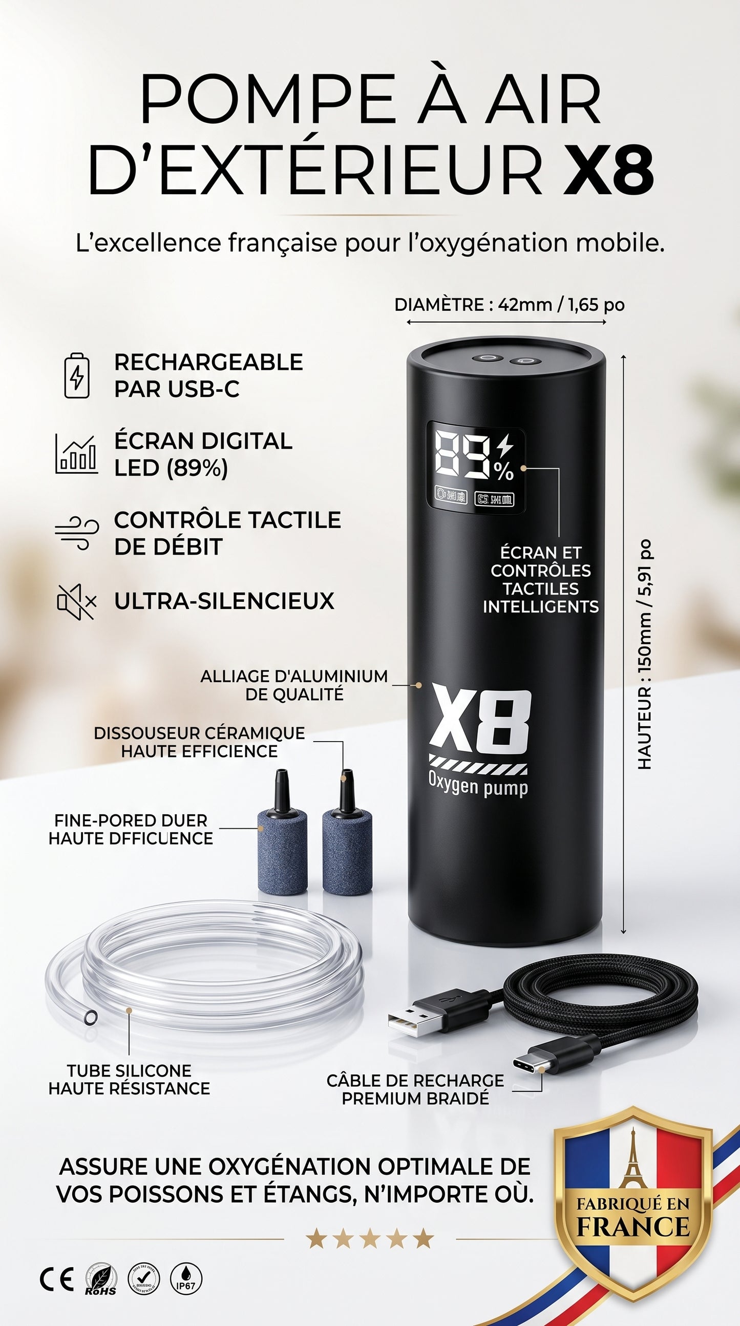Pompe à Air pour Aquarium & Pêche — Portable USB, Batterie Lithium 2400mAh, Silencieuse